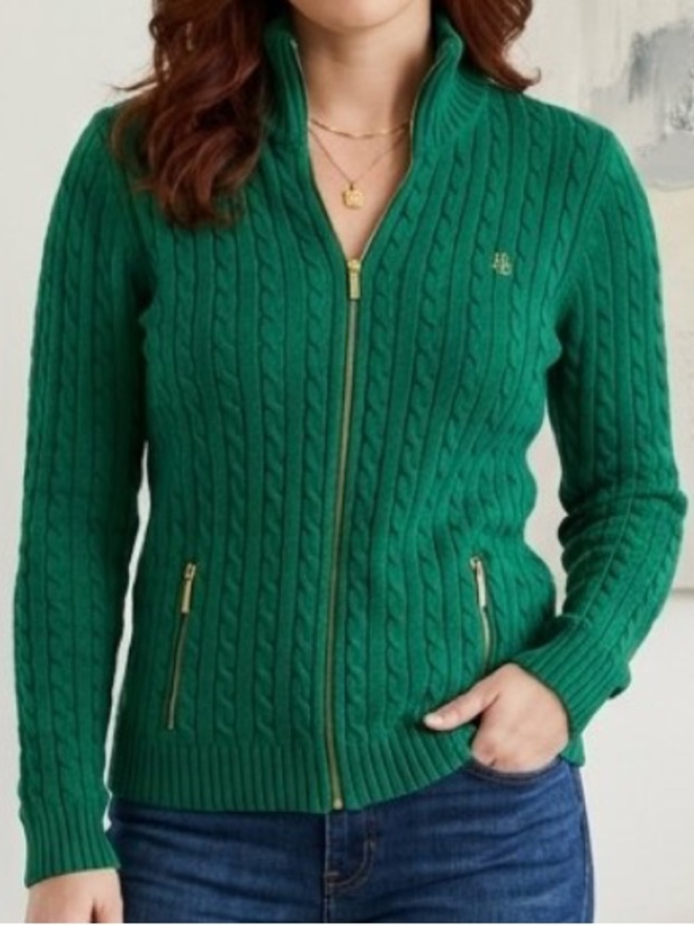 Lauren Ralph Lauren Cotton Cable Knit Cardigan Zip Sweater Mockneck LRL Crest L